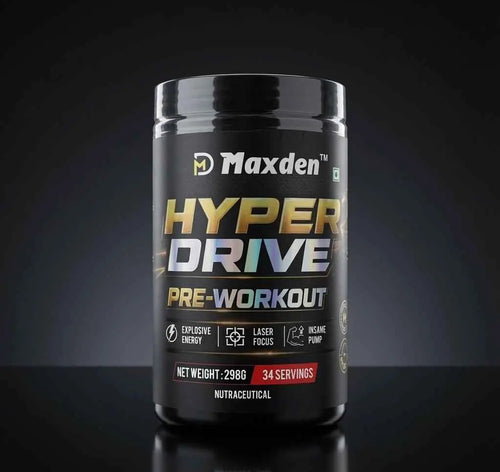Maxden Hyper Drive Pre-Workout supplement container, 298g, 34 servings