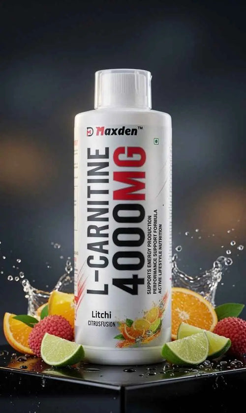Maxden L-Carnitine 4000mg Litchi Citrus Fusion supplement bottle with splashing fruit.