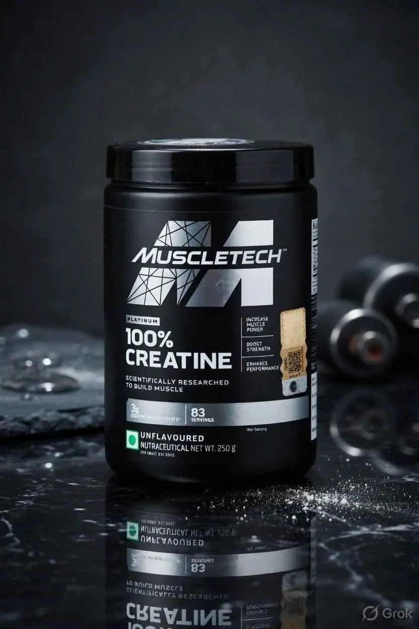MuscleTech Platinum 100% Creatine unflavoured powder supplement tub on a dark surface.